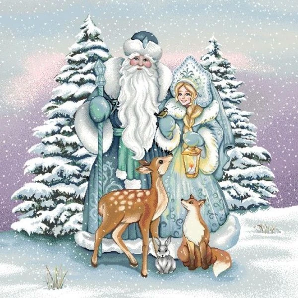 Наволочка декоративная новогодняя 45*45см гобелен СНЕГУРОЧКА, ДЕД МОРОЗ И ОЛЕНЬ