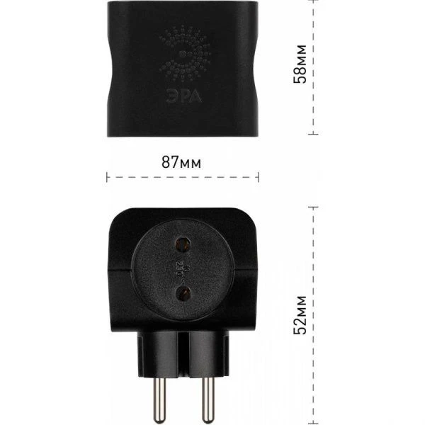 Разветвитель на 4 розетки пластик без заземления 16А черный SP-4-В ЭРА (10)