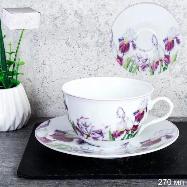 Чайный набор 2пр фарфор ИРИСЫ на 1 персону 270мл подар.уп. LY-1205 (4)
