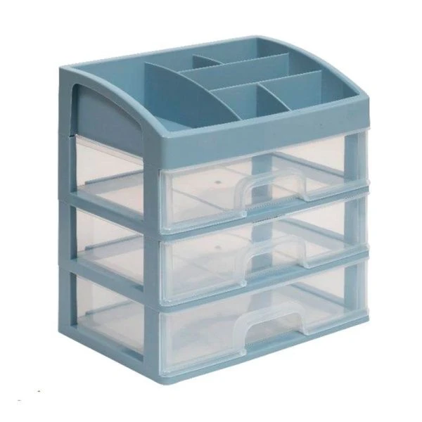 Органайзер для косметики 3 ящика 258*178*267мм пластик серо-синий/прозрачный (4)