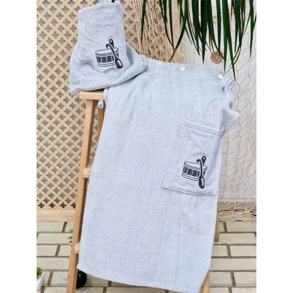 Набор для сауны мужской 100%хлопок 2пр 47*75/70*142см серый в коробке 4190024+K-239 Набор для сауны мужской 100%хлопок 2пр 47*75/70*142см серый в коробке 4190024+K-239