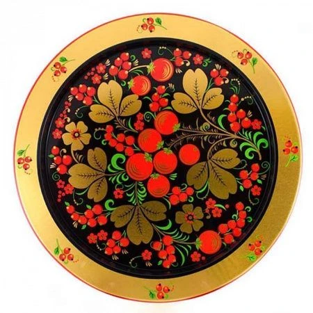 ЯЯЯПоднос круглый жестяной ХОХЛОМА (12) ВЫВОД