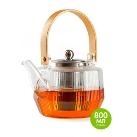 Чайник заварочный 800мл стекло с мет.ситом и крышкой, с дер.ручкой BF-521 (24)
