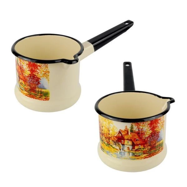 Ковш 1л эмаль СТАРАЯ МЕЛЬНИЦА слон.кость с рис. без крышки 90104-072/4 (8)