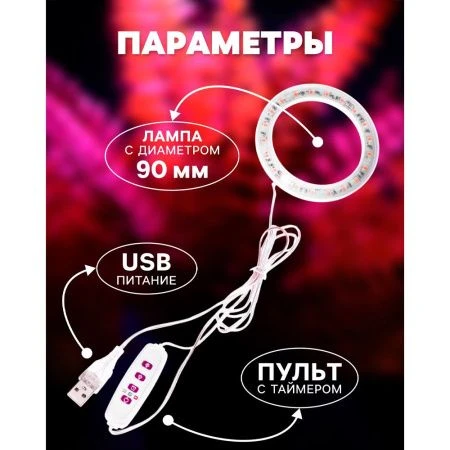 Фитосветильник светодиодный мультиспектральный в горшок 1 круг, 2Вт,5В, USB  Luazon (30)