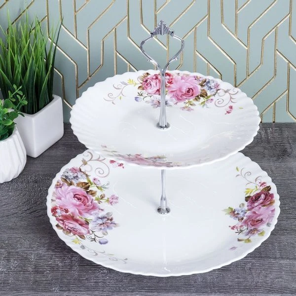 Этажерка сервировочная 2 яруса 19/25см стеклокерамика РОЗОВАЯ КОМПОЗИЦИЯ WG-2/LXP80/100 (19010) (12)