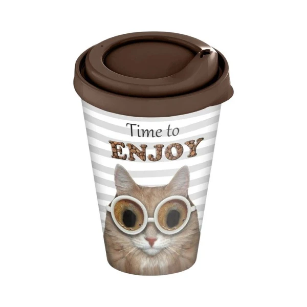 Стакан 420мл пластик с клапаном с декором Cats and owls темно-коричневый с крышкой (24) 223105924/01