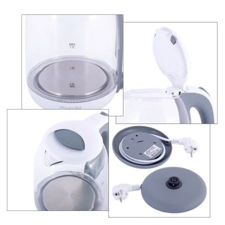 Чайник электрический 1,7л стекло белый с серым с подсветкой, арт.1720G (6)