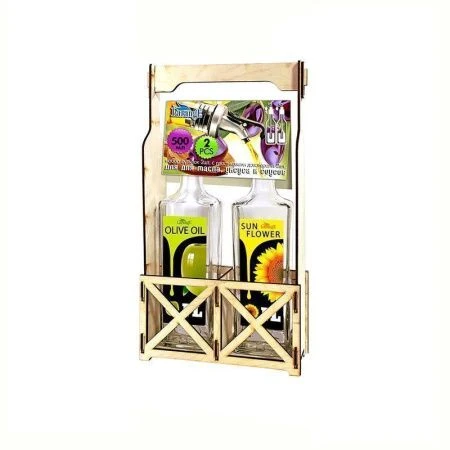 Бутылки для масла набор 2пр 500мл стекло с пласт.дозатором на деревянной подставке (5)