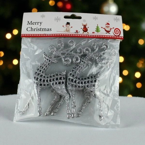 Игрушки новогодние на елку ОЛЕНЬ набор 2шт 14*6см пластик серебро OSHR20-313/JC-16470 (800)