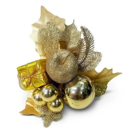 Украшение новогоднее Ветка 20*13см ПУАНСЕТТИЯ с яблоком и шарами золото OSTVR22025/JC-16443 (288)