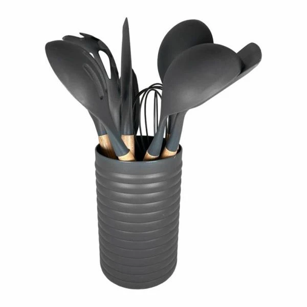 Набор кухонных принадлежностей 12пр на пласт.подставке дер.ручки серый 00012110/JC-15694 (16)