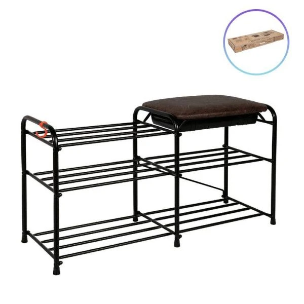 Полка для обуви 3 секции 89*30*48см металл АЛЬФА 33 каркас, сиденье с ящиком коричневый (1)