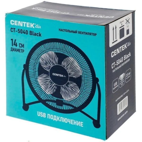 Вентилятор настольный металл Centek CT-5040 черный 2,5Вт, мет.решётка 14см, USB-порт (2)