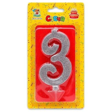 Свеча для торта Серебряный глиттер (большая) Цифра 3