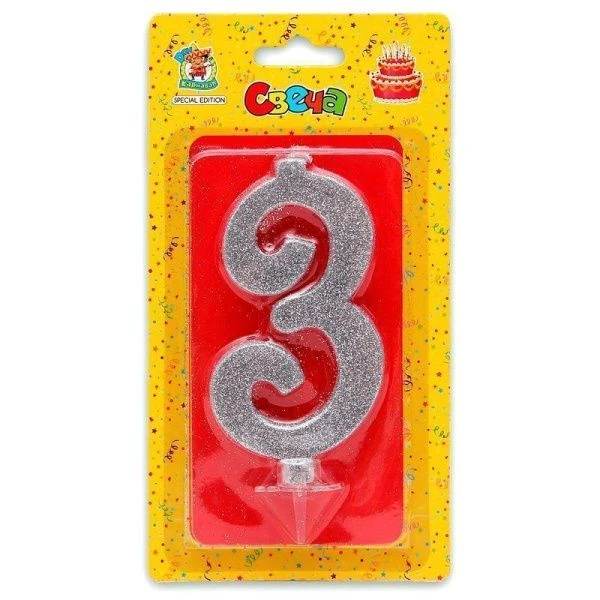 Свеча для торта Серебряный глиттер (большая) Цифра 3