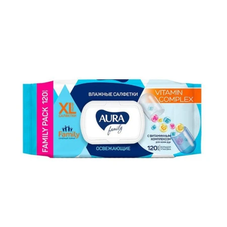 Влажные салфетки АУРА FAMILY XL 120шт с крышкой освеж.витамин (12)