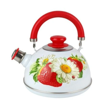 Чайник со свистком 2,5л эмаль КЛУБНИКА С РОМАШКОЙ белый подвиж.ручка красная (4) TMM04/25/03/05/H13