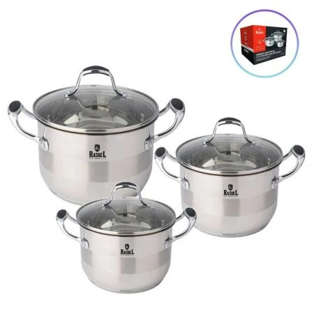 Набор посуды 3пр 2,6/3,6/4,7л нерж.сталь МАРИЯ со стекл.крышками R-0234 (4)
