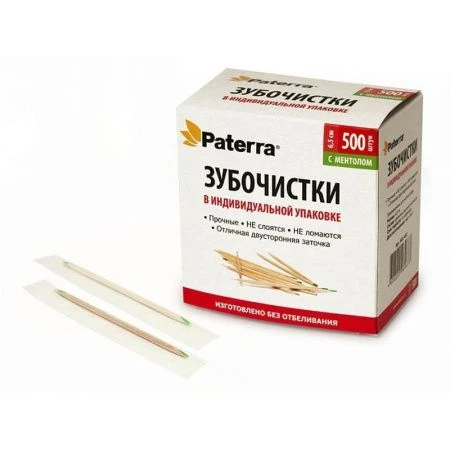 Зубочистки 500шт дерево в инд. упаковке с ментолом PATERRA (72)