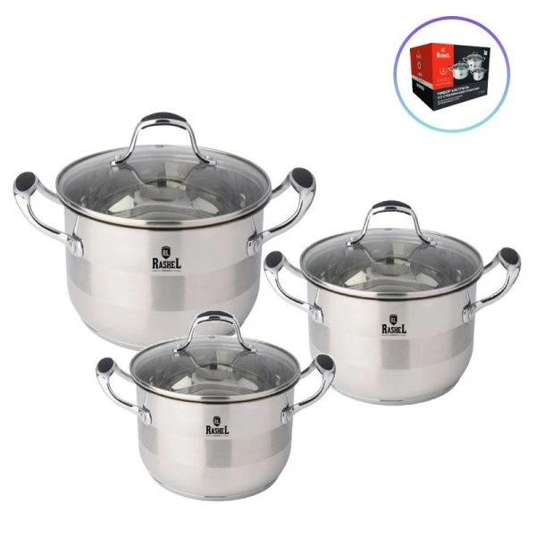 Набор посуды 3пр 2,6/3,6/4,7л нерж.сталь МАРИЯ со стекл.крышками R-0234 (4)