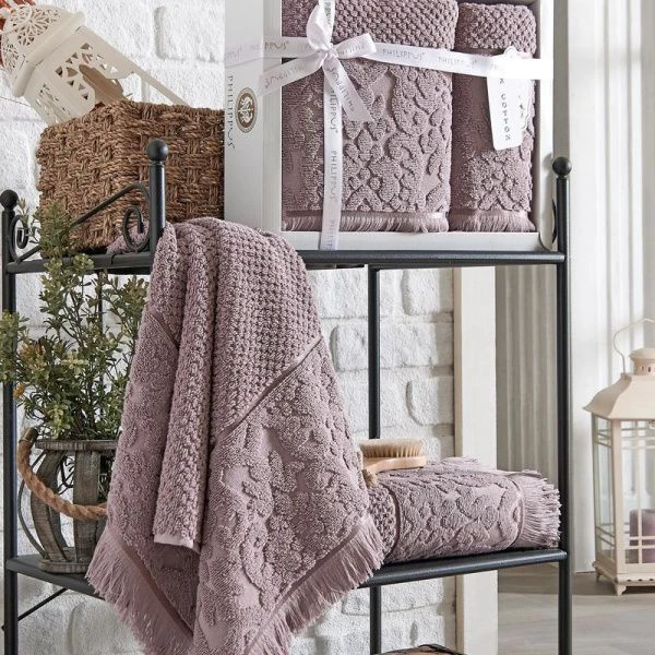 Набор полотенец махровые 2пр 50*90/70*140см жаккард с бахромой PHILIPPVS VELOVIS баклажан подар.уп.