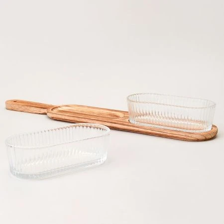 Менажница 2 секции 400мл стекло на деревянной подставке (12)