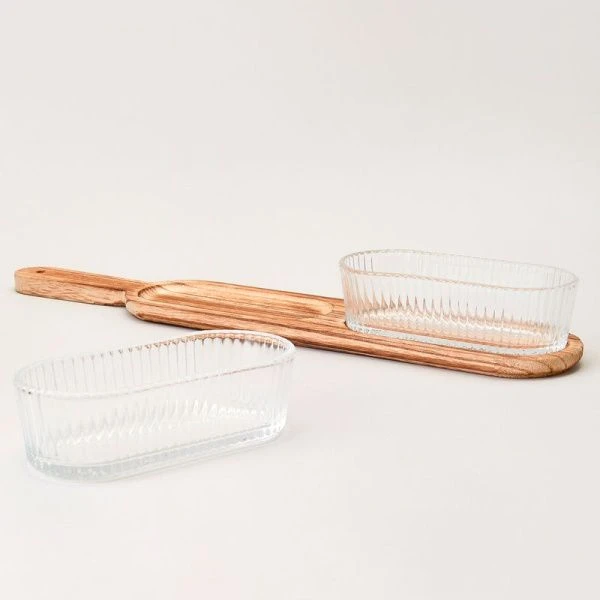 Менажница 2 секции 400мл стекло на деревянной подставке (12)