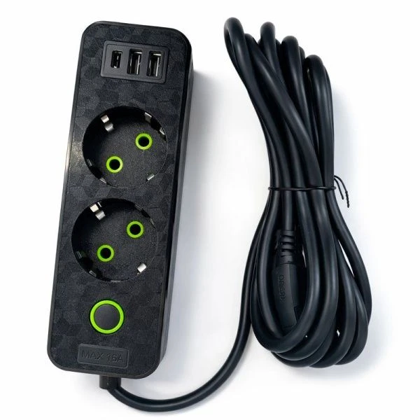 Удлинитель 2 гнезда пластик 5м с выключателем +3USB (80)