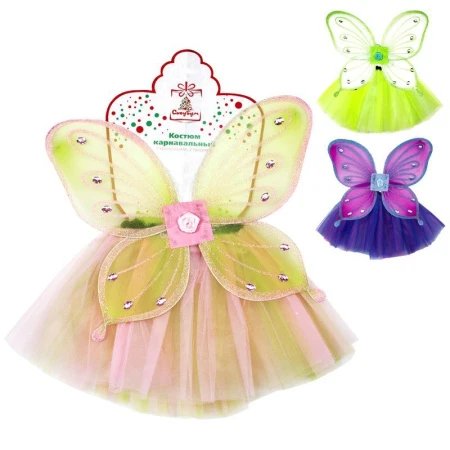 Костюм карнавальный 2пр. с крылышками, юбка 32см 3 слоя, полиэстер, 3 цвета, 3+, арт.8002