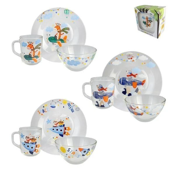 Набор детской посуды 3пр (тарелка, миска, стакан) стекло АВИАТОРЫ (4)