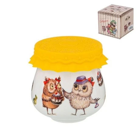 Банка для меда 180мл фарфор СОВУШКИ с силиконовой крышкой 8*7см (72) ВЫВОД