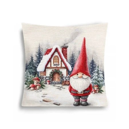 Наволочка декоративная новогодняя 44*44см гобелен ГНОМЫ Домик белый серебряный люрекс