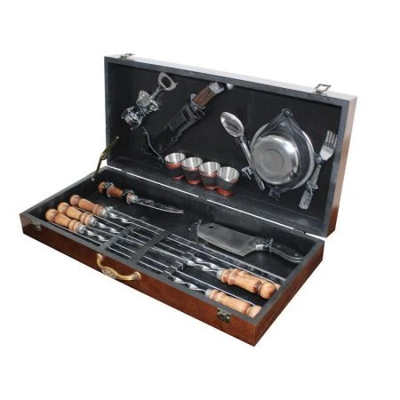 Набор походный №4 стандарт нерж.сталь в деревянном ящике большой 2К-687 (1)