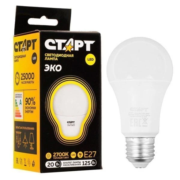 Лампа светодиодная стекло СТАРТ LEDGLSE27 20W27 ПР (теплый свет) (10/100)