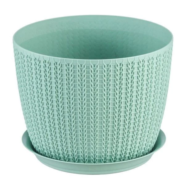 Кашпо 1,1л d135мм пластик ВЯЗАНИЕ Фисташковый с поддоном (12)