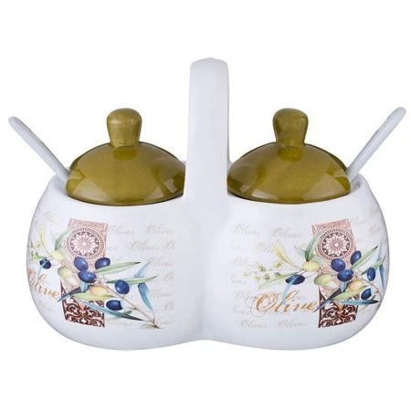 Банка для специй двойная керамика ОЛИВКИ с ложками 17*10*13см (24)