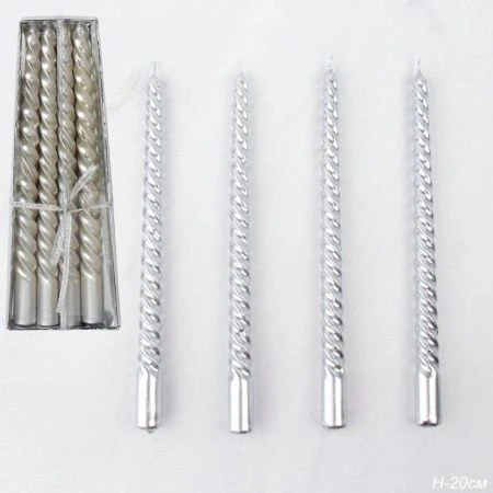 Набор свечей 4шт 20см парафин витые глянцевые серебро MG-102 (144)