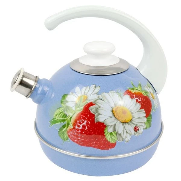 Чайник со свистком 3,5л эмаль КЛУБНИКА С РОМАШКОЙ синий туман конс.ручка белая декор нерж (4)