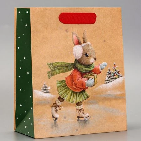 Пакет новогодний крафт 22*18*10см вертикальный Зайка на льду