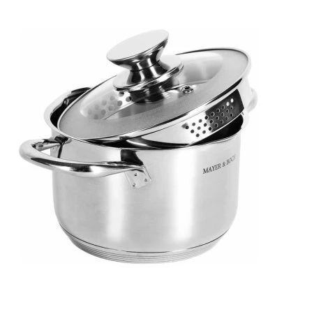 Кастрюля 2л нерж.сталь стекл.крышка-дуршлаг 16см h10,8см носик для слива MB30999 (4)