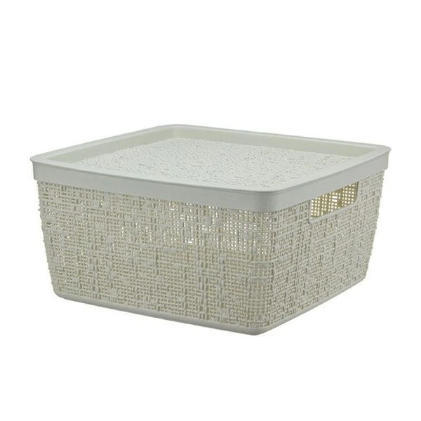 Корзина 8л 28*28*14см пластик БЯЗЬ белый ротанг с крышкой (10)
