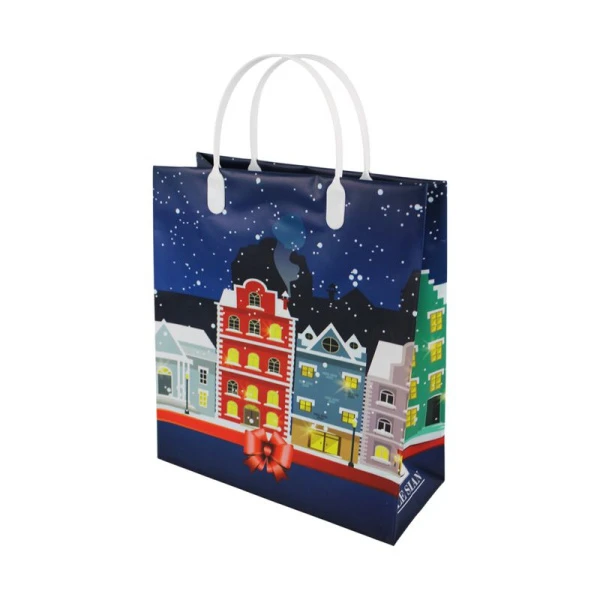 Пакет новогодний с пластиковой ручкой полиэтилен 23*26*10см Ночной город  (20/200)