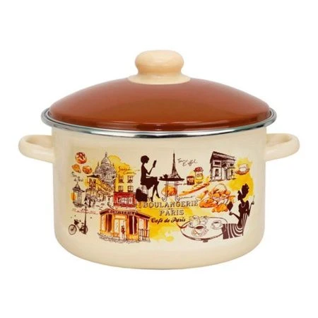 Кастрюля 4л эмаль ПАРИЖСКОЕ КАФЕ ванильная с рис. 21-Б1614/6 (4)