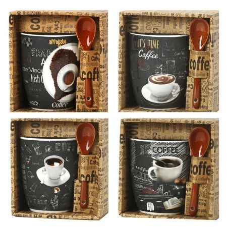 Кружка 340мл с ложкой бочка Кофейная симфония MIX R03H/1328J (36)