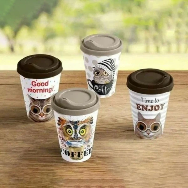 Стакан 420мл пластик с клапаном с декором Cats and owls темно-коричневый с крышкой (24) 223105924/01