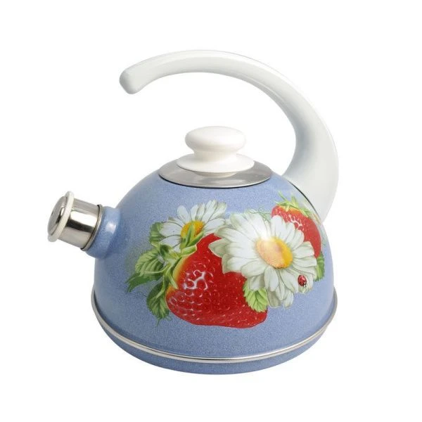 Чайник со свистком 2,5л эмаль КЛУБНИКА С РОМАШКОЙ конс.ручка бел. синий туман (декор нерж.) (4)