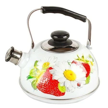 Чайник со свистком 2,5л эмаль КЛУБНИКА С РОМАШКОЙ белый подвиж.ручка декор нерж (4) ТМ04250305