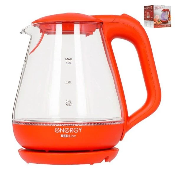 Чайник электрический 1,2л стекло ENERGY E-205 диск.нагр.эл-т, красный (12)