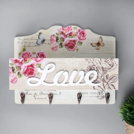 Крючок декоративный 22,5*30*10,5см дерево с кармашком Розовые розы с бабочками